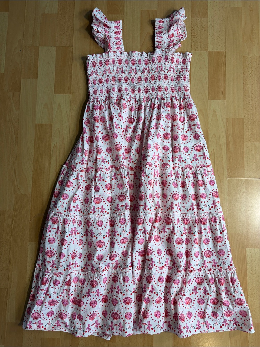 Hill House Ellie Nap Dress Pink & Red Mermaid & Shells Smocked Midi Dress Large - Picture 8 of 11